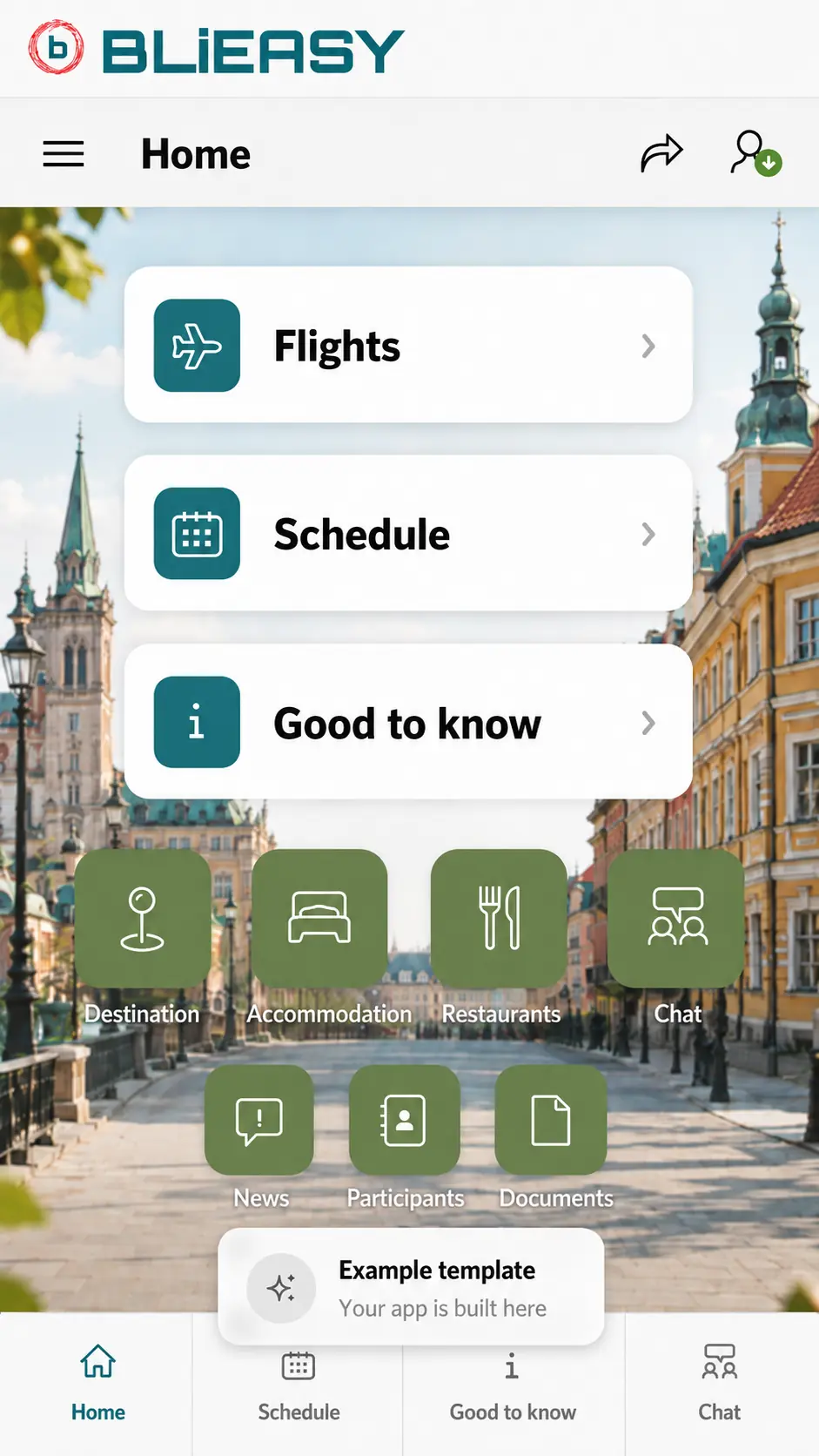 Blieasy app with flights, itinerary, destinations, accommodation and participant information
